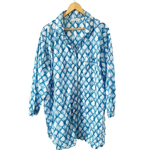 Mahogany Blue White Geometric Pattern Cotton Button Down Shirt - Picture 1 of 8